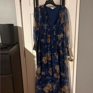 Baltic Born Navy and Tan Floral Long Sleeve Dress